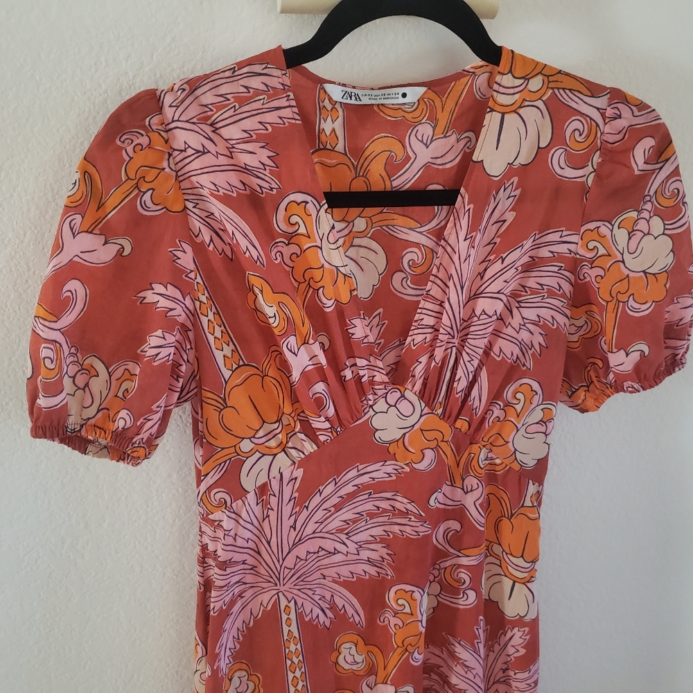 Zara Floral Wrap Midi in Red and Orange Ruffled Tiered Skirt XS - Picture 3 of 10